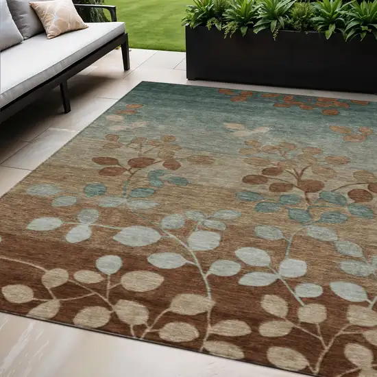Brown And Teal Blue Floral Washable Indoor Outdoor Area Rug Photo 2