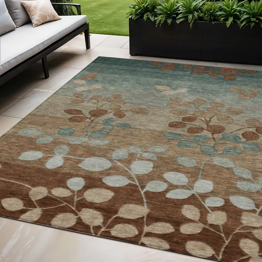 Brown And Teal Blue Floral Washable Indoor Outdoor Area Rug Photo 2