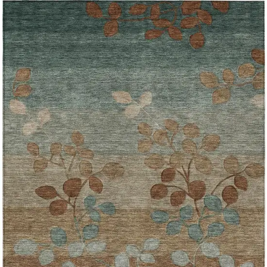 Brown And Teal Blue Floral Washable Indoor Outdoor Area Rug Photo 4