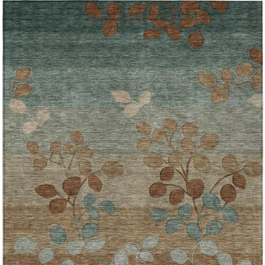 Brown And Teal Blue Floral Washable Indoor Outdoor Area Rug Photo 4