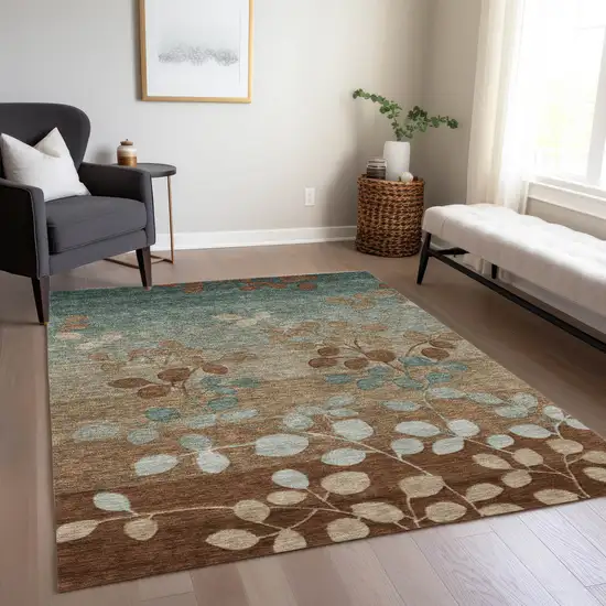 Brown And Teal Blue Floral Washable Indoor Outdoor Area Rug Photo 8
