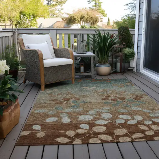 Brown And Teal Blue Floral Washable Indoor Outdoor Area Rug Photo 6