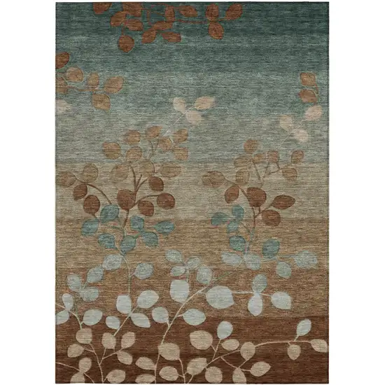 Brown And Teal Blue Floral Washable Indoor Outdoor Area Rug Photo 4
