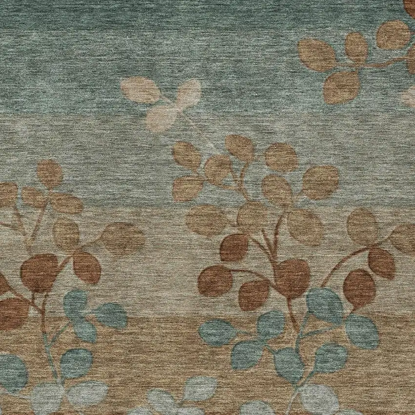 Brown And Teal Blue Floral Washable Indoor Outdoor Area Rug Photo 3