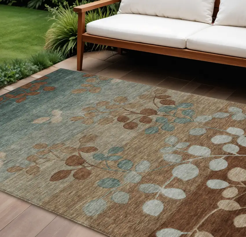 Brown And Teal Blue Floral Washable Indoor Outdoor Area Rug Photo 2