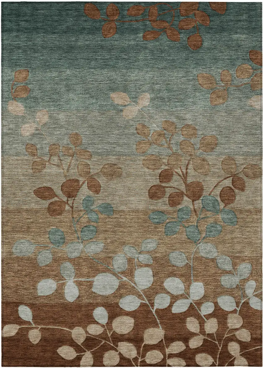 Brown And Teal Blue Floral Washable Indoor Outdoor Area Rug Photo 1
