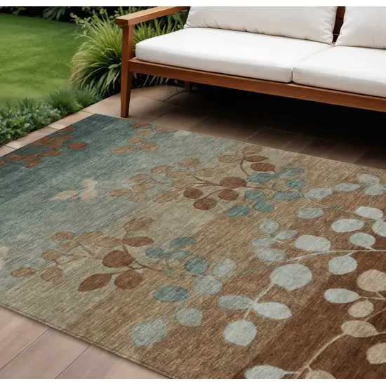 Brown And Teal Blue Floral Washable Indoor Outdoor Area Rug Photo 2