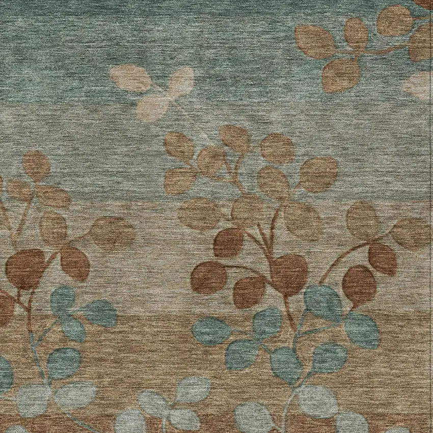 Brown And Teal Blue Floral Washable Indoor Outdoor Area Rug Photo 7