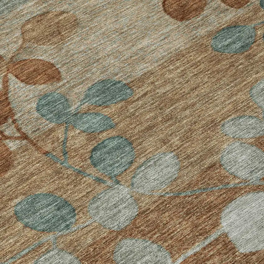 Brown And Teal Blue Floral Washable Indoor Outdoor Area Rug Photo 8