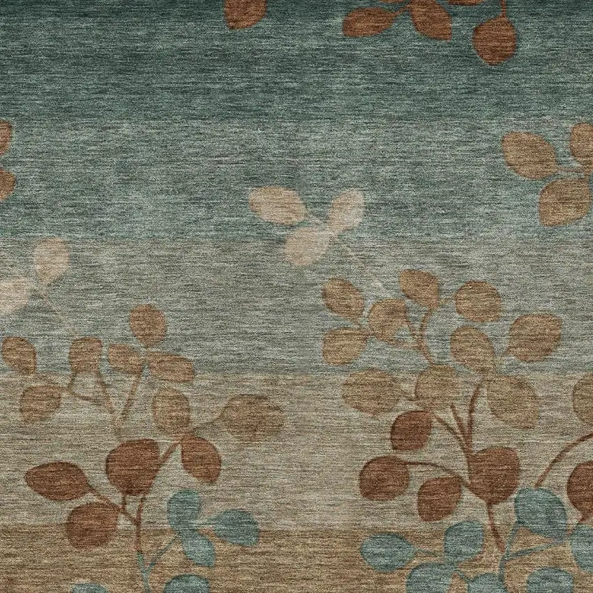 Brown And Teal Blue Floral Washable Indoor Outdoor Area Rug Photo 4