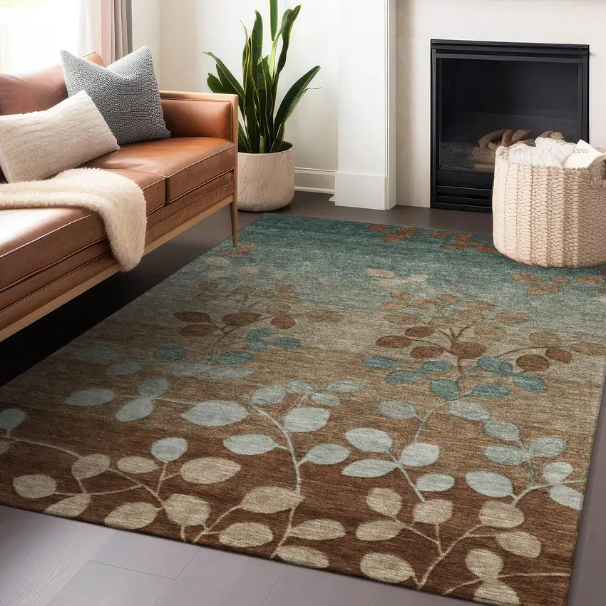 Brown And Teal Blue Floral Washable Indoor Outdoor Area Rug Photo 7