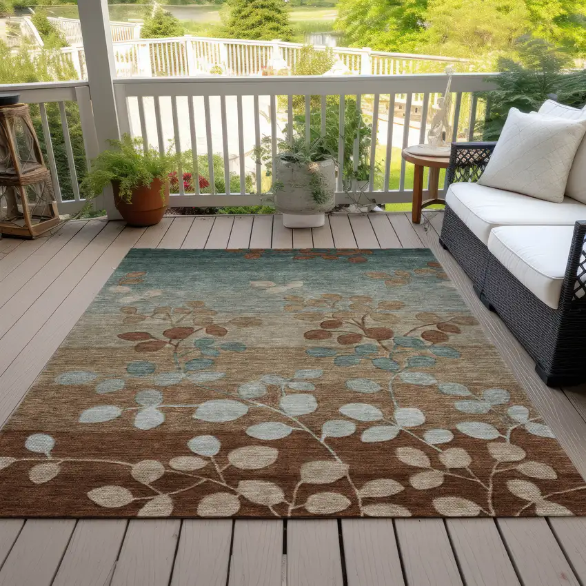 Brown And Teal Blue Floral Washable Indoor Outdoor Area Rug Photo 9