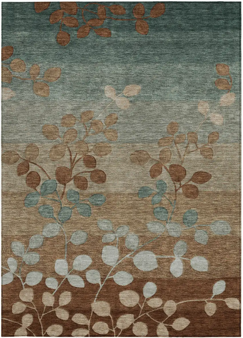 Brown And Teal Blue Floral Washable Indoor Outdoor Area Rug Photo 3