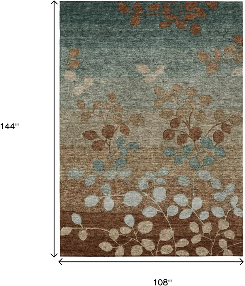 Brown And Teal Blue Floral Washable Indoor Outdoor Area Rug Photo 9