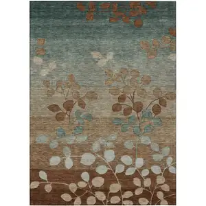 Photo of Brown And Teal Blue Floral Washable Indoor Outdoor Area Rug