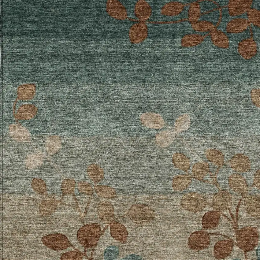Brown And Teal Blue Floral Washable Indoor Outdoor Area Rug Photo 4