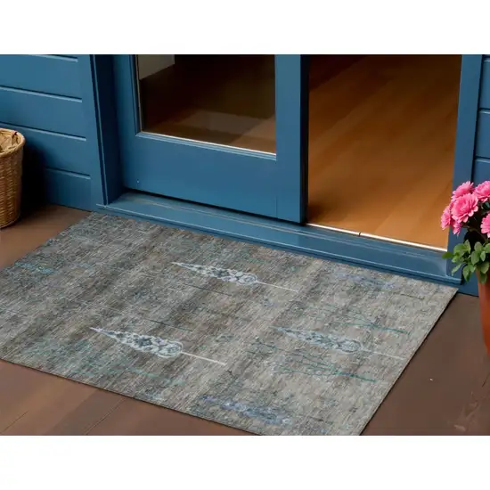 Brown And Teal Blue Floral Washable Indoor Outdoor Area Rug Photo 2
