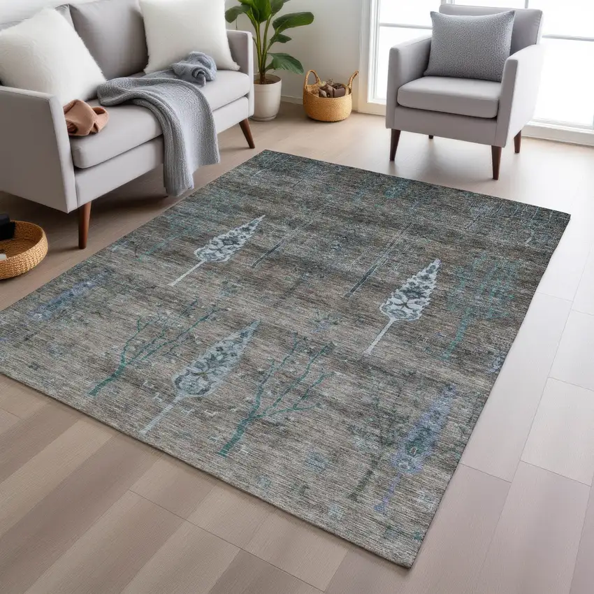 Brown And Teal Blue Floral Washable Indoor Outdoor Area Rug Photo 6