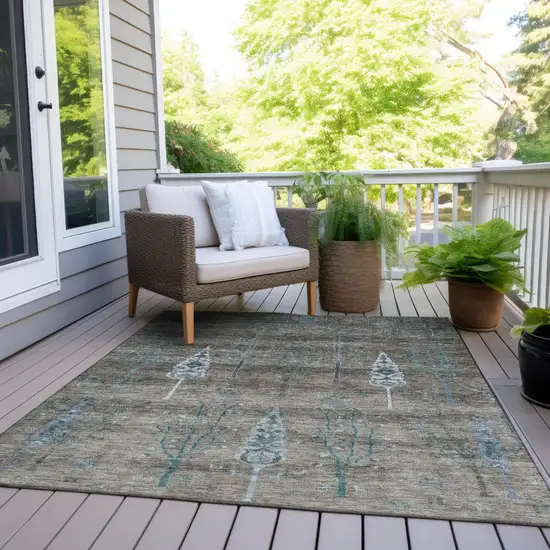 Brown And Teal Blue Floral Washable Indoor Outdoor Area Rug Photo 8