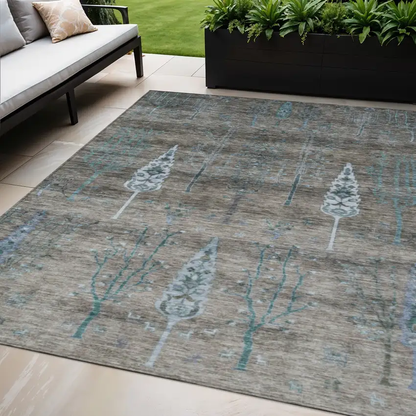 Brown And Teal Blue Floral Washable Indoor Outdoor Area Rug Photo 2