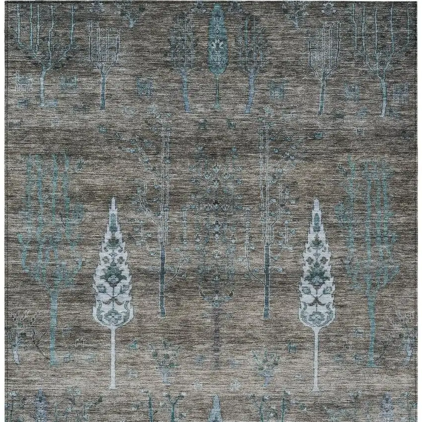 Brown And Teal Blue Floral Washable Indoor Outdoor Area Rug Photo 3