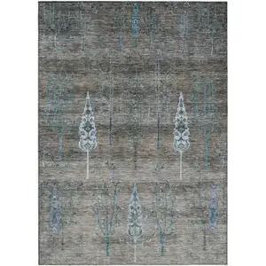 Photo of Brown And Teal Blue Floral Washable Indoor Outdoor Area Rug