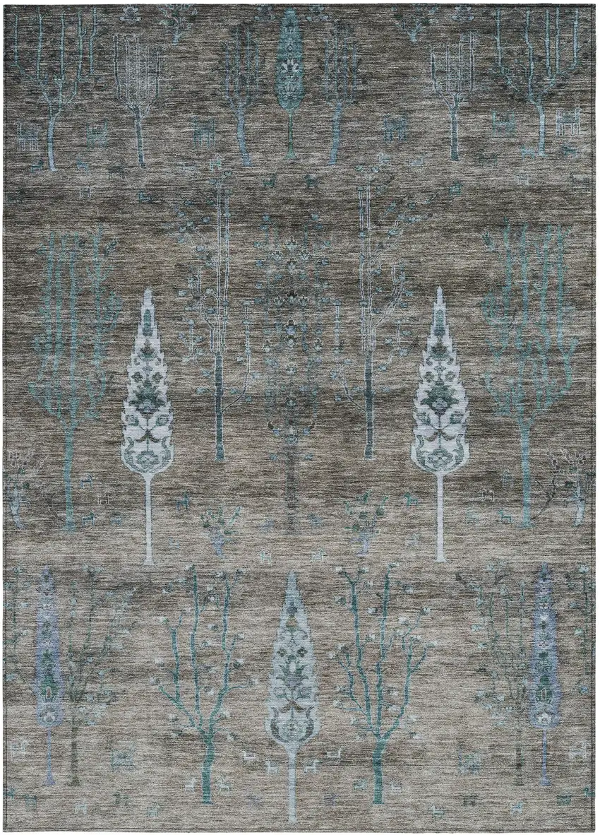 Brown And Teal Blue Floral Washable Indoor Outdoor Area Rug Photo 3