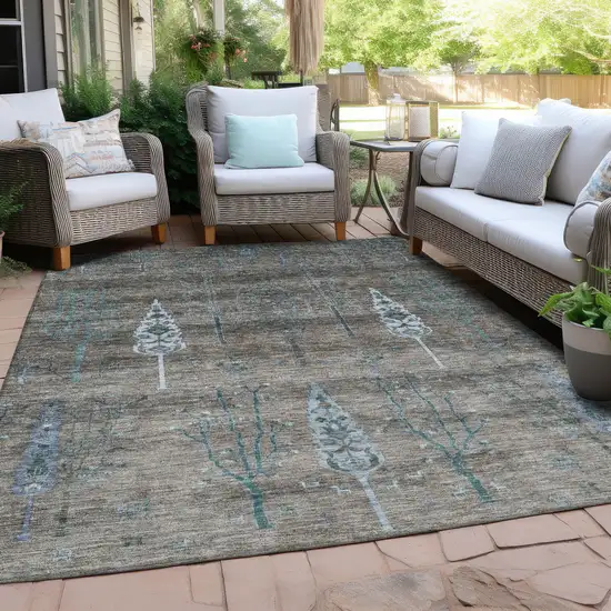 Brown And Teal Blue Floral Washable Indoor Outdoor Area Rug Photo 5