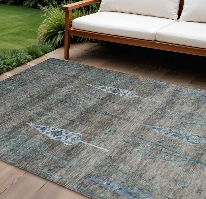 Brown And Teal Blue Floral Washable Indoor Outdoor Area Rug Photo 2
