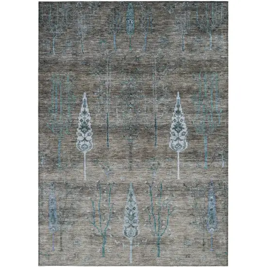 Brown And Teal Blue Floral Washable Indoor Outdoor Area Rug Photo 3