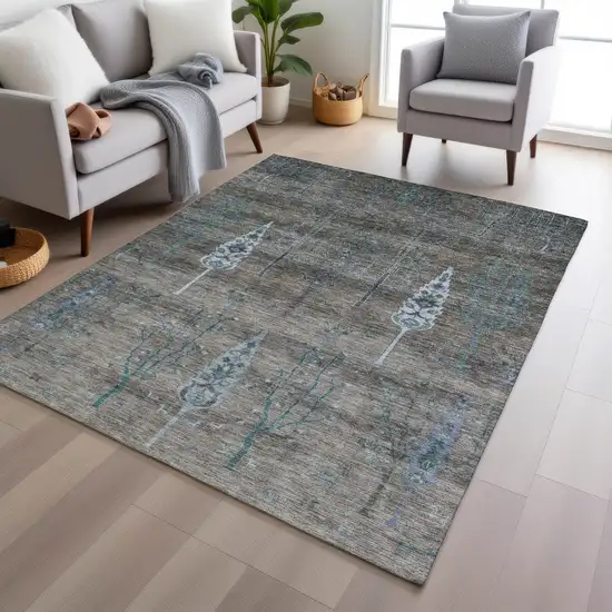 Brown And Teal Blue Floral Washable Indoor Outdoor Area Rug Photo 6
