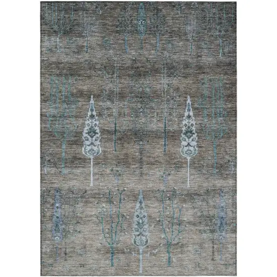 Brown And Teal Blue Floral Washable Indoor Outdoor Area Rug Photo 1