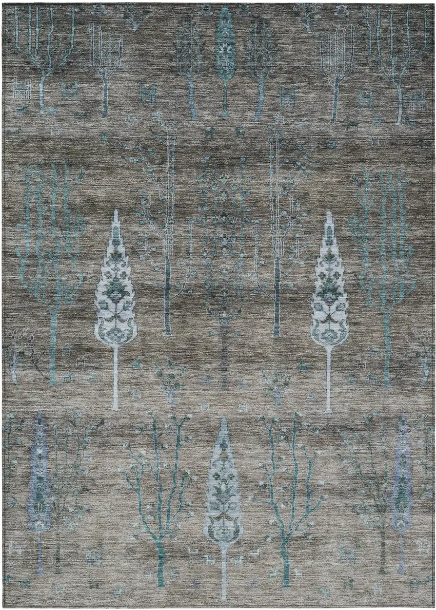Brown And Teal Blue Floral Washable Indoor Outdoor Area Rug Photo 1