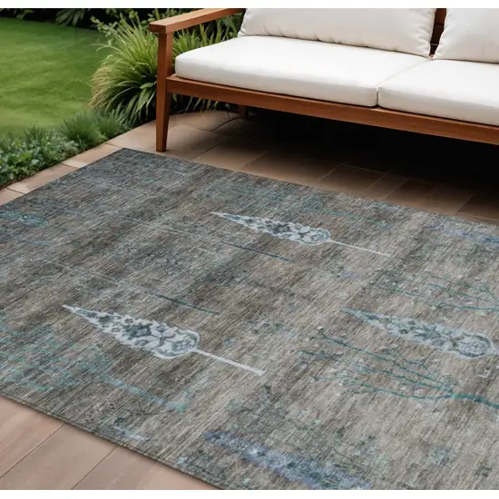 Brown And Teal Blue Floral Washable Indoor Outdoor Area Rug Photo 2