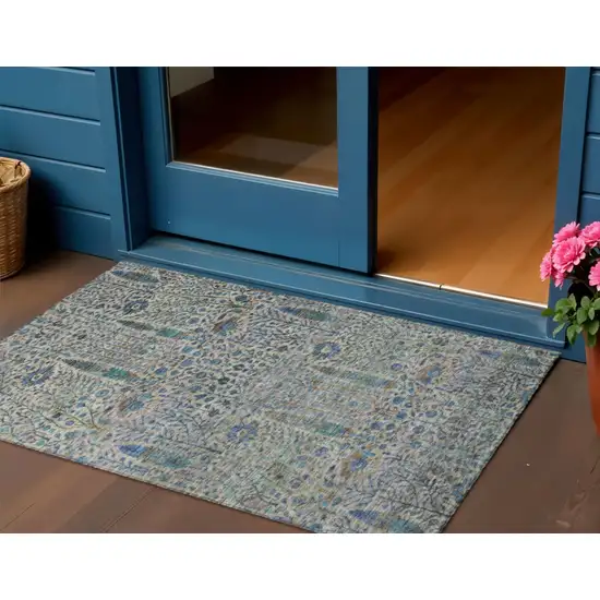 Brown And Teal Blue Floral Washable Indoor Outdoor Area Rug Photo 3