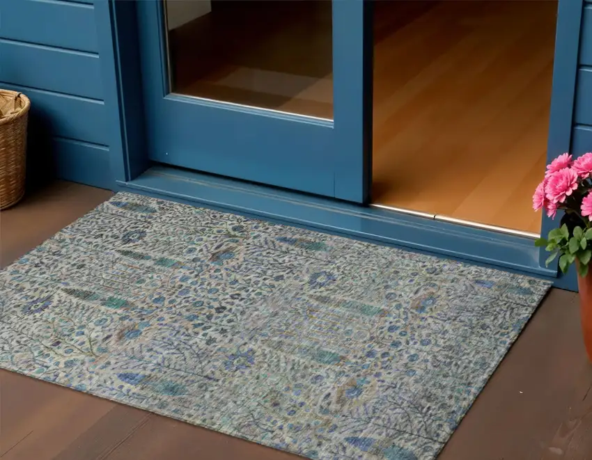 Brown And Teal Blue Floral Washable Indoor Outdoor Area Rug Photo 2