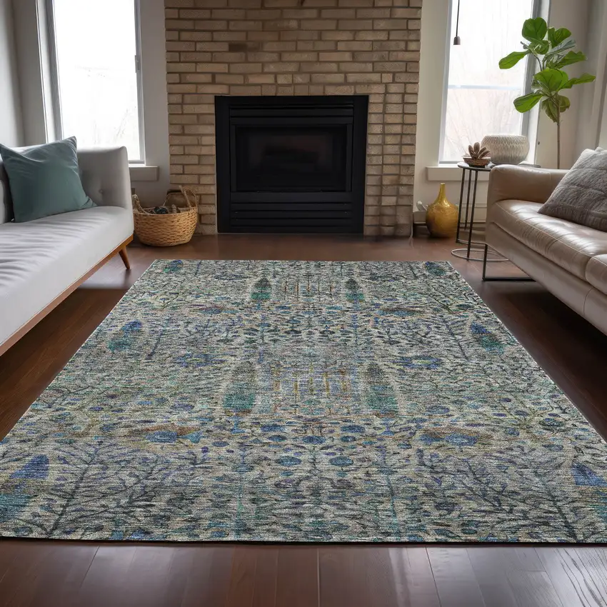 Brown And Teal Blue Floral Washable Indoor Outdoor Area Rug Photo 7