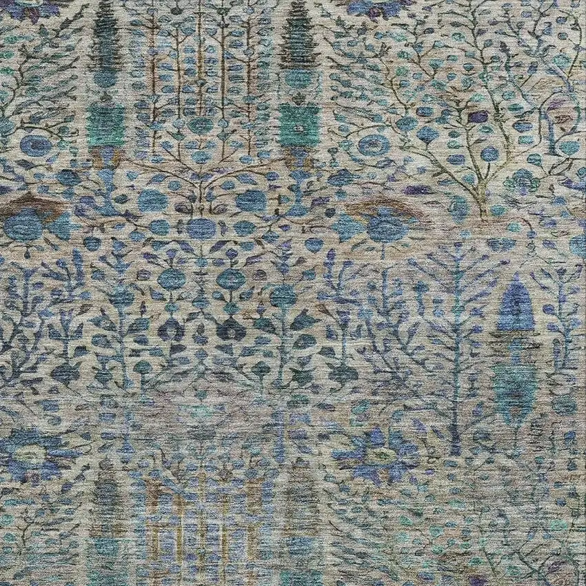 Brown And Teal Blue Floral Washable Indoor Outdoor Area Rug Photo 4