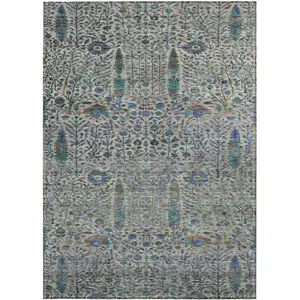 Photo of Brown And Teal Blue Floral Washable Indoor Outdoor Area Rug