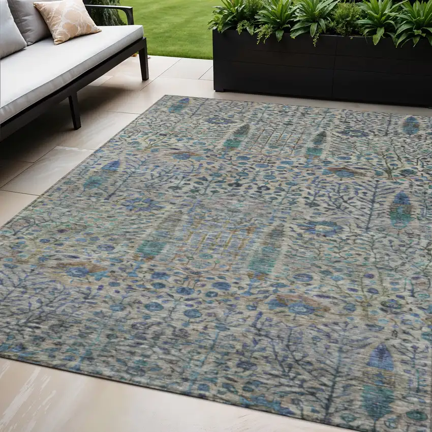 Brown And Teal Blue Floral Washable Indoor Outdoor Area Rug Photo 2