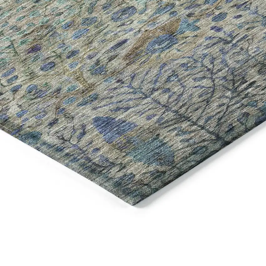 Brown And Teal Blue Floral Washable Indoor Outdoor Area Rug Photo 9