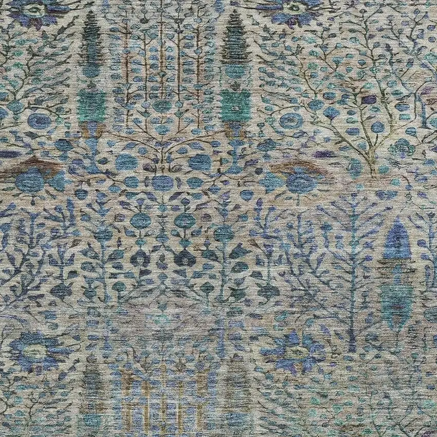 Brown And Teal Blue Floral Washable Indoor Outdoor Area Rug Photo 3