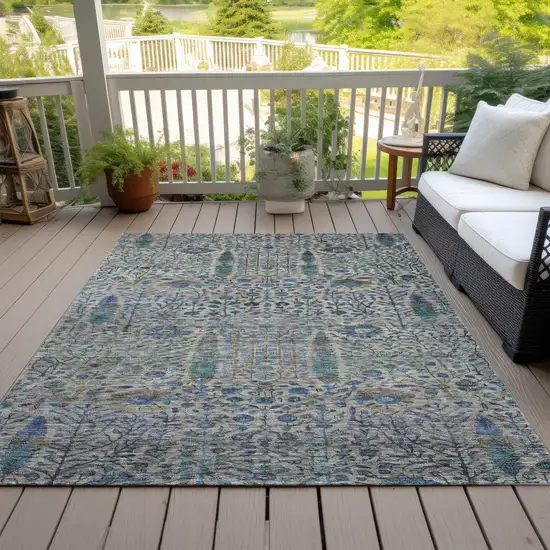 Brown And Teal Blue Floral Washable Indoor Outdoor Area Rug Photo 7