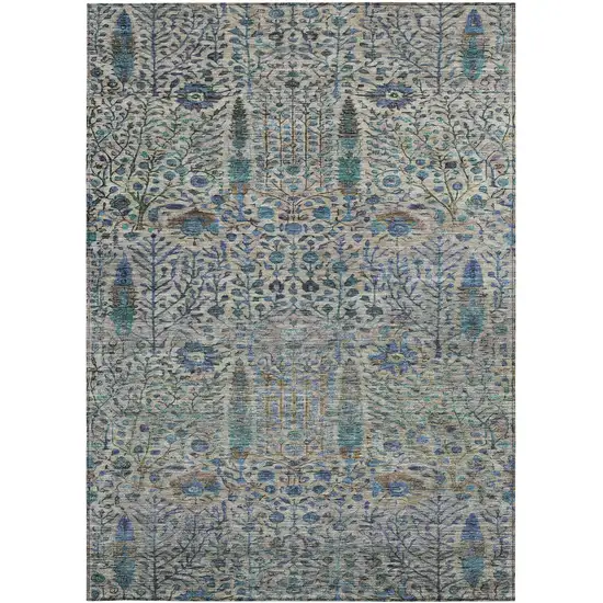 Brown And Teal Blue Floral Washable Indoor Outdoor Area Rug Photo 1
