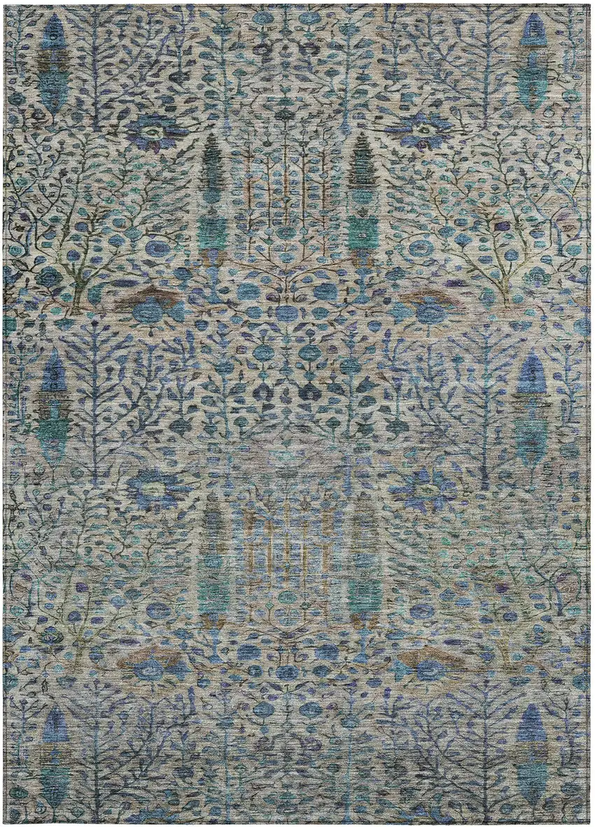 Brown And Teal Blue Floral Washable Indoor Outdoor Area Rug Photo 1