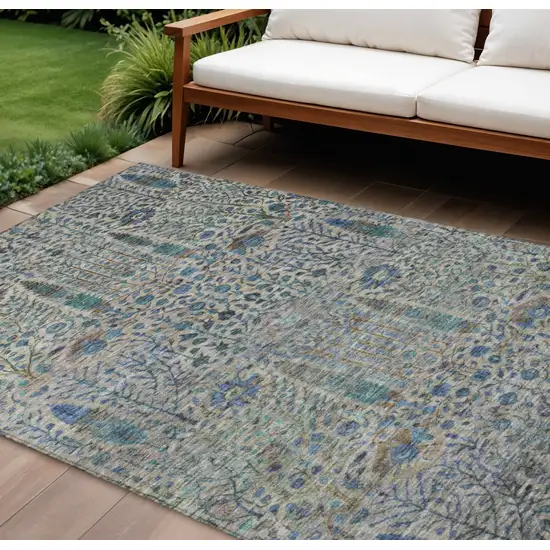 Brown And Teal Blue Floral Washable Indoor Outdoor Area Rug Photo 2
