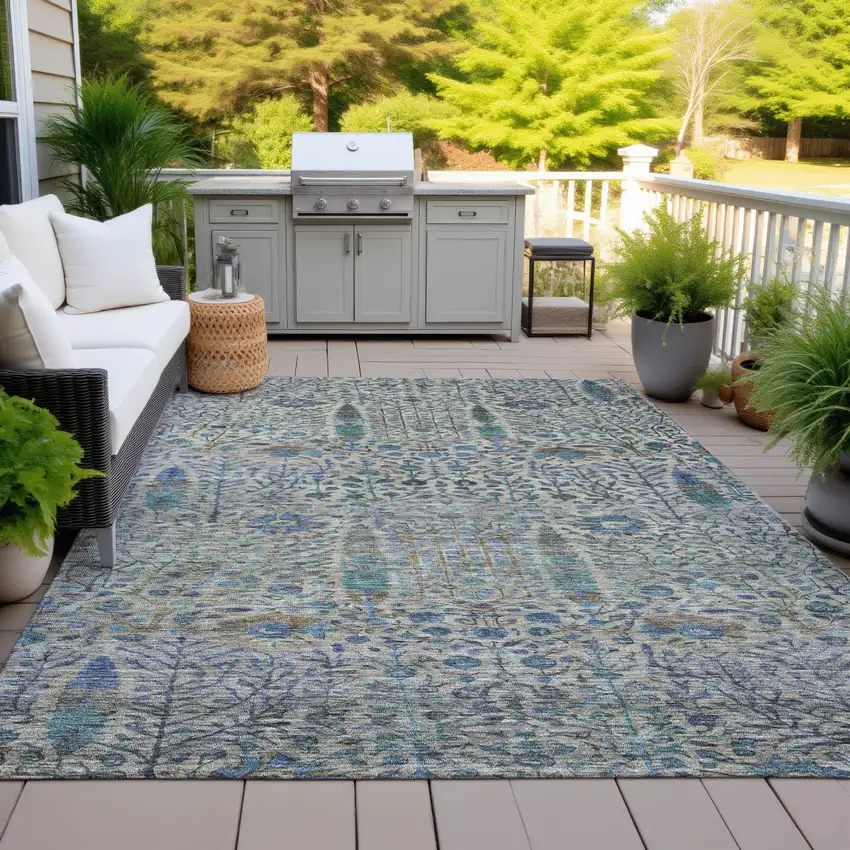 Brown And Teal Blue Floral Washable Indoor Outdoor Area Rug Photo 4