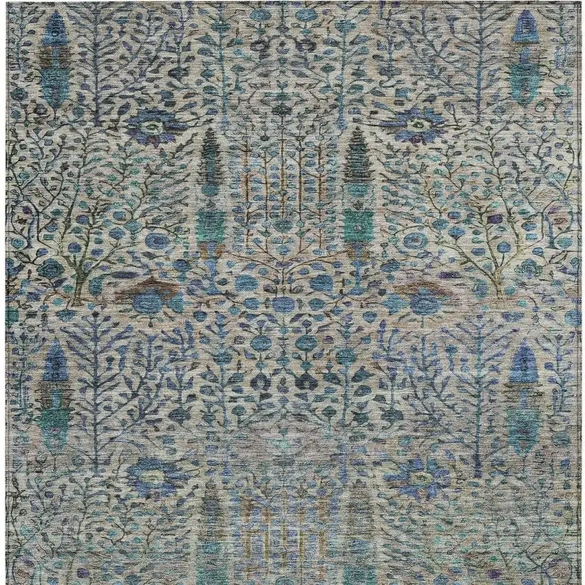 Brown And Teal Blue Floral Washable Indoor Outdoor Area Rug Photo 3