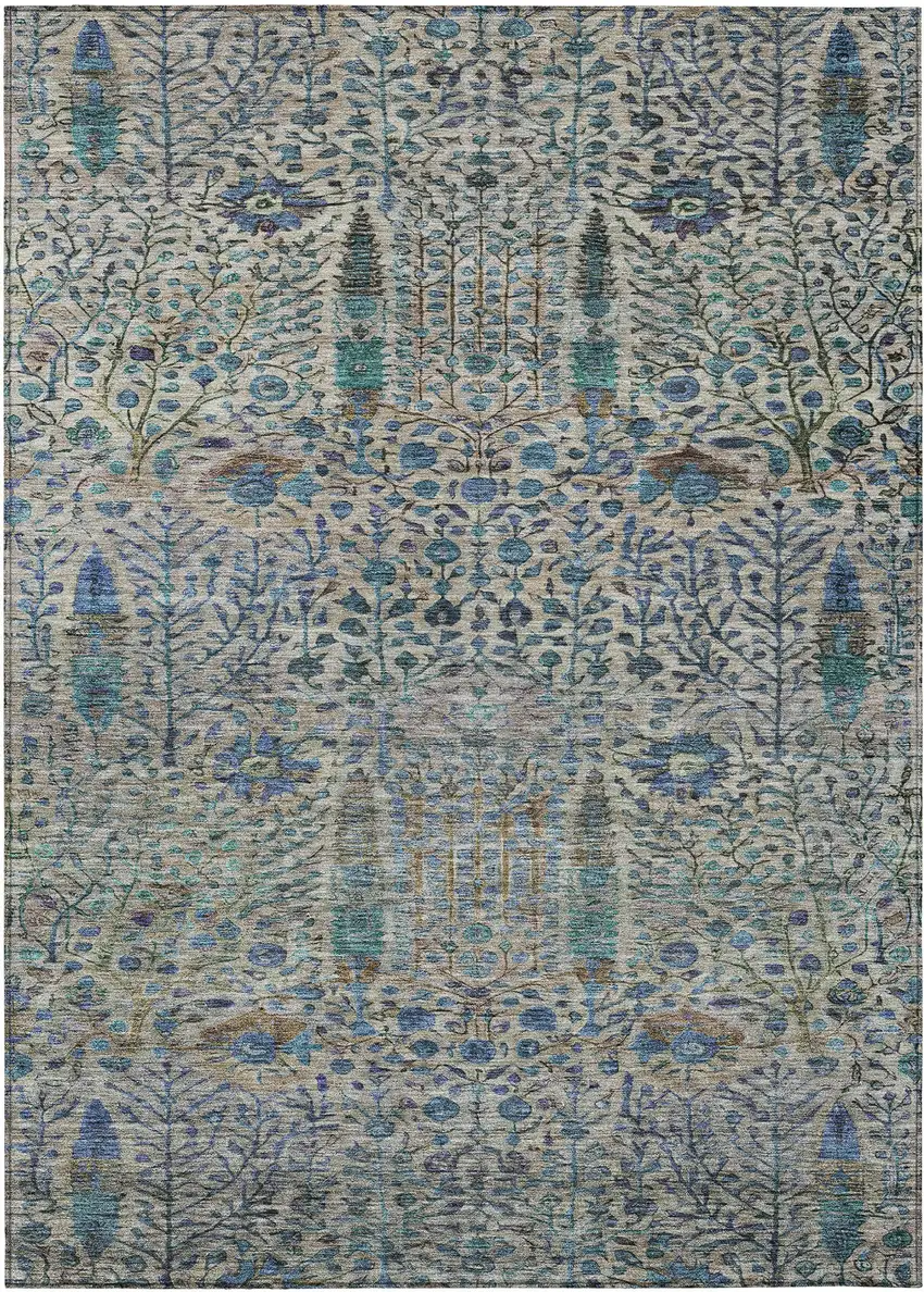 Brown And Teal Blue Floral Washable Indoor Outdoor Area Rug Photo 8
