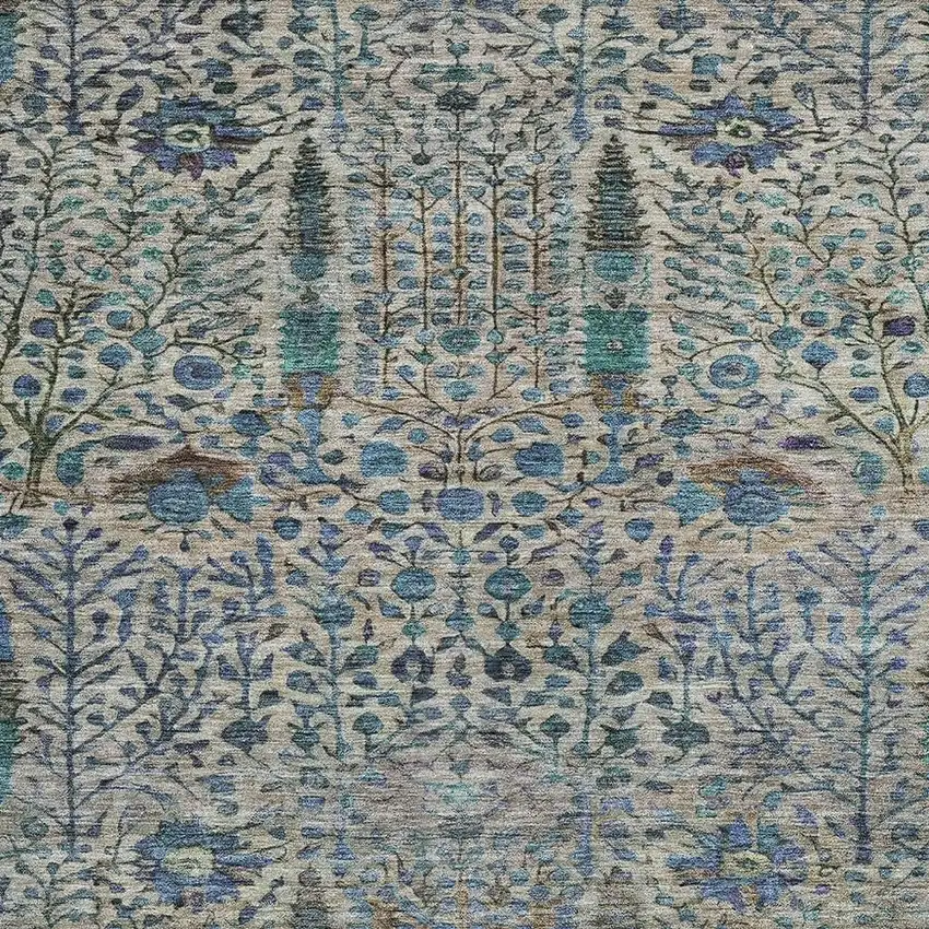 Brown And Teal Blue Floral Washable Indoor Outdoor Area Rug Photo 3